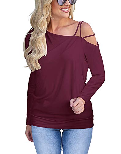 Long Sleeve Shirts for Women Hollowed Out Shoulder Loose Tunic Blouse Wine S