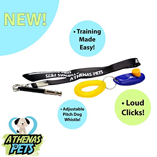 Athenas Pets Adjustable High Frequency Ultrasonic Dog Whistle for Dog Barking Control with Lanyard – Includes Additional Loud Dog Clicker for Training
