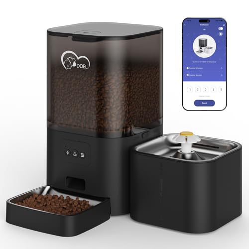 DOEL 2-in-1 Automatic Cat Feeder and Water Dispenser, Large-Capacity 6L Dry Food Dispenser + 2.5L Water Dispenser with App Control, Voice Recording, Scheduled Feeding for Cats and Small Dogs (Black)