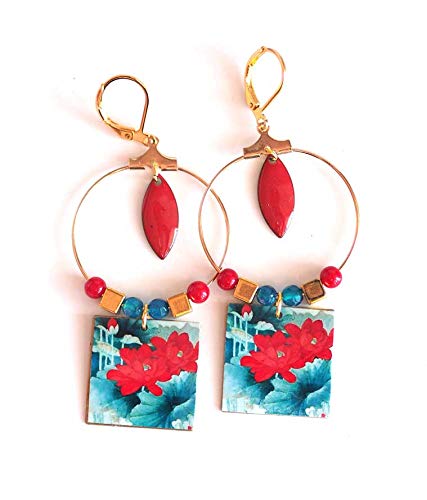 Boucles Doreilles Pendantes Fantaisie Fleur Rouge Du