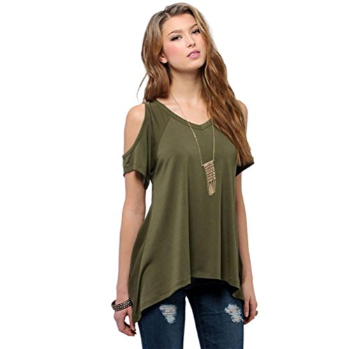 YANG-YI Sexy Women Casual V-Neck Off Shoulder T-Shirt Short Sleeve Solid Fashion Stretch T-Shirt (S, Green)
