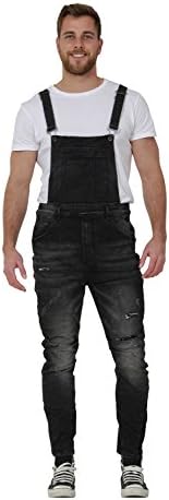 Slim Fit Mens Bib Overalls – Distressed Black Denim Creased Carrot Fit Overalls