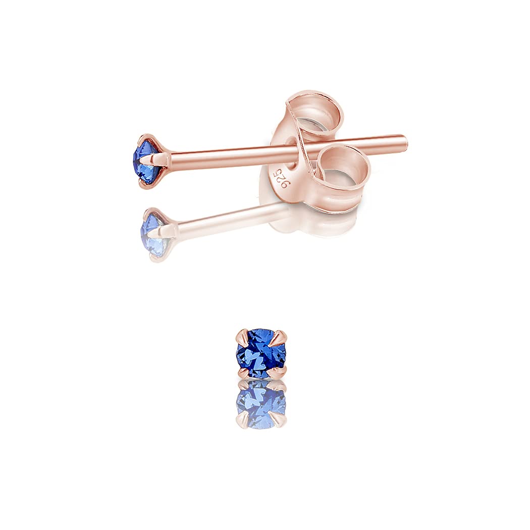 DTPSilver - 925 Sterling Silver Rose Gold plated Round TINY Stud Earrings made with Glittering Crystals from Swarovski® Elements - Diameter: 2 mm - Colour : Blue Sapphire