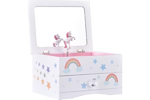 Aliz Unicorn Music Jewelry Box for Girls and Teens - Wooden Jewelry Storage Box with Glittery Unicorn and Rainbows Design - C