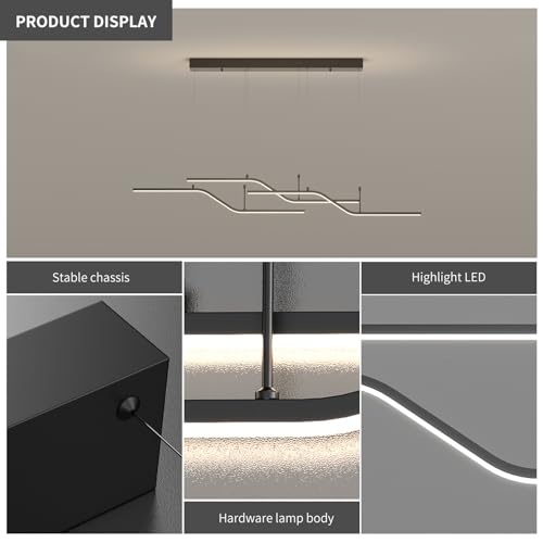 Siittoo Moderna lámpara colgante negra, lámpara de araña LED regulable de 45 W con control remoto, lámpara colgante lineal de 3 ondas de luz para comedor, cocina, isla de restaurante (52 pulgadas)