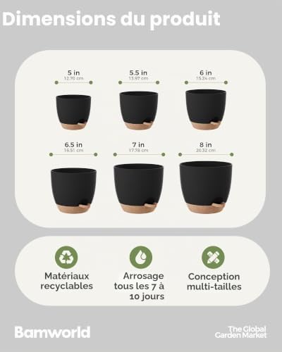 Pot de Plantes d'Intérieur avec Drainage 6 Pcs Pots en Plastique Auto-irrigants 12.7cm/14cm/15.2cm/16.5cm/17.8cm/20.3cm pour Plantes d'Intérieur, Fleurs, Cactus