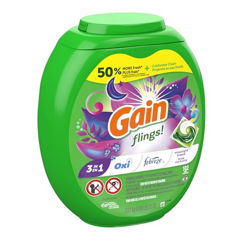 GAIN FLINGS LAUNDRY DETERGENT PACS, 102 COUNT, MOONLIGHT BREEZE SCENT, 3 IN 1 HE DETERGENT PACS WITH OXI BOOST AND FEBREEZE