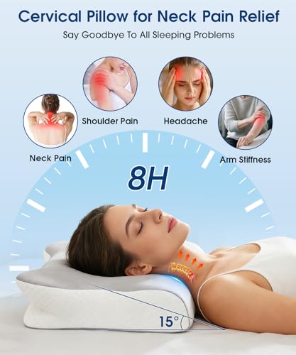 Memory Foam Pillow, Ergonomic Orthopedic Pillow for Neck and Shoulder, Neck Support Pillow for Back, Side, Stomach Sleepers ,Cooling Cervical Pillow with 2 Removable Cover, 2 Adjustable Height