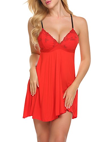 ADOME Sleepwear Women Sexy Chemise Lingerie Lace Full Slip Babydoll Dress Red XXL