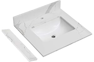 EQLOO 24 in.W x 22 in.D Quartz Calacatta River Vanity Top,with Undermount Middle Sink Vanity Top,with One Sidesplash & One Backsplash,Single Faucet Hole Spread Bathroom Vanity Sink Countertop