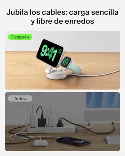 UltraCharge Cargador Inalámbrico iPhone 2 En 1 MagSafe, Cargador Inalámbrico Magnético Convertible, Qi2 25 W, iPhone 17, Apple Watch Series 10 y Pixelsnap, Fuente De Alimentación 45 W, Beis