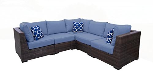 Vida Outdoor Pacific 5 Piece Wicker Sectional Set with Denim Cushions