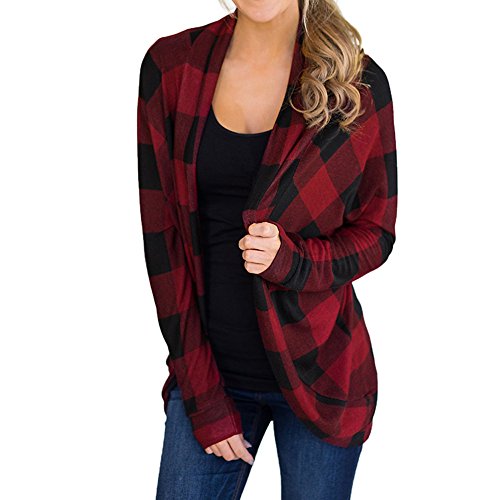WUAI Womens Palid Shirts Long Sleeve Lattice Print Ladies Casual Cardigan Fashion Outweat(Red ,Size M) - Thumbnail 4