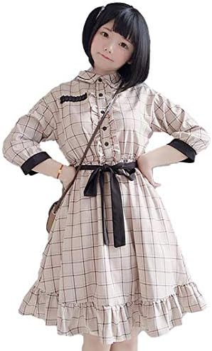 サニーステップ 靴下付き Xs 6lサイズ レディース チェック 柄 ワンピース グレー ブラウン ロリータ ベージュ かわいい ゆったり 希少 Aライン ひざ丈 服 大きいサイズ 七分袖