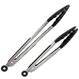 Chef's Life Barbeque Kitchen Tongs, 12 Inch & 9 Inch Non Stick Tongs For Cooking, With Joint Lock, Stainless Steel, Non Stick Silicone Tip, For BBQ, Cooking, Grilling, Salad, Black
