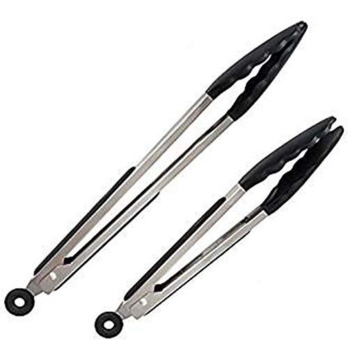 Chef's Life Barbeque Kitchen Tongs, 12 Inch & 9 Inch Non Stick Tongs For Cooking, With Joint Lock, Stainless Steel, Non Stick Silicone Tip, For BBQ, Cooking, Grilling, Salad, Black