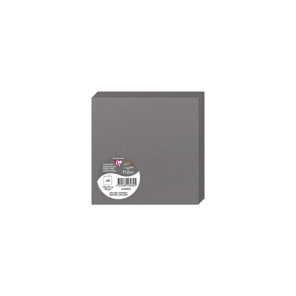 Clairefontaine 2893C Pack of 25 Double Cards Square Format 13.5x13.5cm 210g/m² Dark Grey Invitation Correspondence Boards Pollen Range Smooth Premium Paper