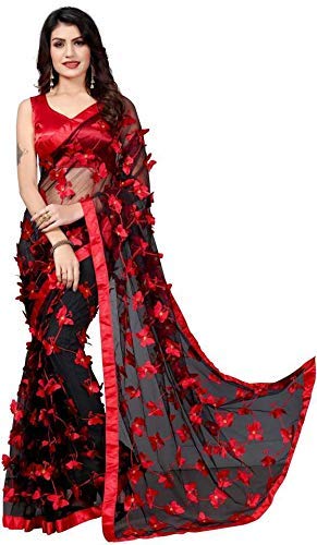 Women's Butterfly Net Saree with Blouse Piece (Red and Black)