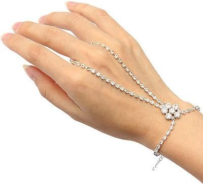 Silver Rhinestone Hand Harness Bracelet Slave Crystal Chain Link Finger Ring HOT