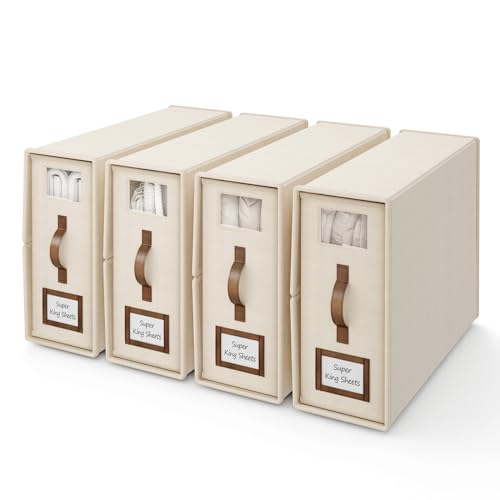 BigPonPon Pacote com 4 organizadores e armazenamento de lençóis dobráveis (tamanho Super King), caixa de armazenamento de roupa de cama dobrável com janela, conjunto de lençóis para lençóis