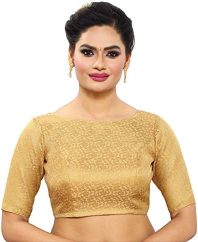 Madhu FashionWomen's Brocade Elbow Length Sleeve Readymade Saree Blouse