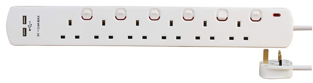 PRO ELEC PELB1962 – 6‑Gang Mains Extension Lead with USB, 2 m, White — image 1