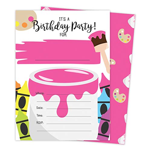 Girls Painting 3 Happy Birthday Invitations Invite Cards (25 Count) With Envelopes & Seal Stickers Vinyl Girls Kids Party