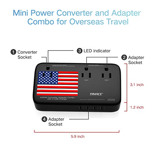 TryAce 2200W Exclusive Voltage Converter and 10A Travel Adapter with 4-Port USB,Power Converter Step Down 220V to 110V for Hair Dryer/Straightener/Curling Iron,US/UK/EU/AU Plug for 190+ Countries