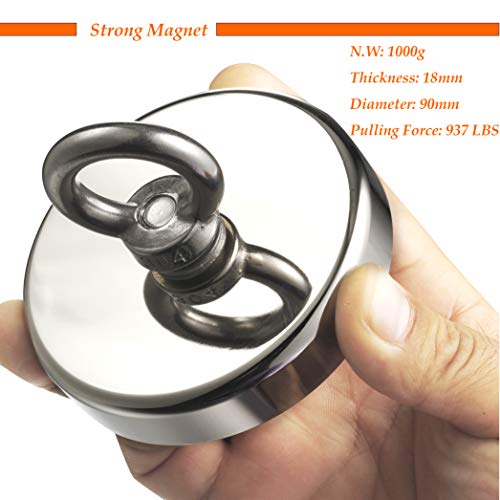 Wukong 837LBS(380KG) Pulling Force Super Powerful N52 Round Neodymium Magnet with Countersunk Hole and Eyebolt Diameter 3.54''(90mm) X Thick 0.70"(18mm) for Fishing Magnet