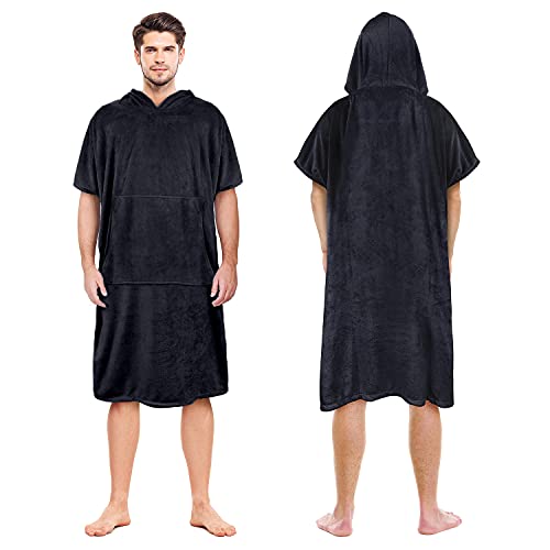 Kato Tirrinia Hooded Poncho Towel Changing Robe Adults with Pockets, Surf Windproof Beach Robe Swim Towel for Outdoor Use, Super Water Absorbent Compact & Light Weight, One Size Fit Men Women Black