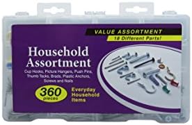 Multi-Purpose Value Assortment Kit for Household Needs, Picture Hangers, Plastic Anchors, Brads, Screws, Thumb Tacks, Set of 360 Pieces