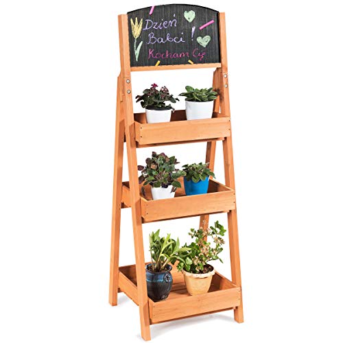 Giantex 3-Tier Plant Stand with Decorative Chalkboard Flower Rack with 3 Removable Tray Wood Multipurpose Freestanding Display Shelves