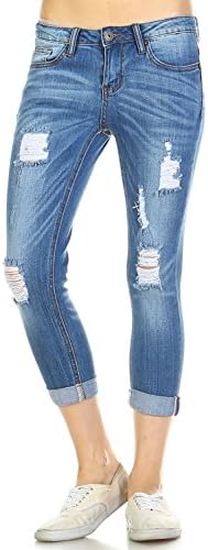 Vialumi Women's Distressed Low Rise Cuffed Capri Skinny Jeans Blue Denim 11