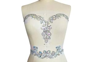 SUCCI SHAN Handmade Beaded V-Neck Sequin Sew On Neckline Rhinestone Crystal Trim Bridal Applique Design Patch Sewing for Wedding Dresses DIY Belt Decoration (AB)