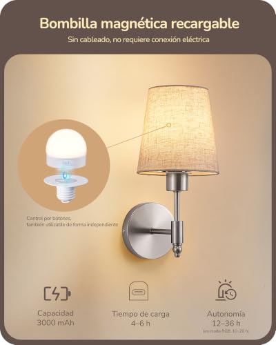 EDISHINE Wireless Wall Sconce with Remote Control, 12 RGB Colors | Set of 2 Dimmable Magnetic LED Rechargeable Wall Lamps, 3000-6500K, Timer, for Bedroom, Staircase