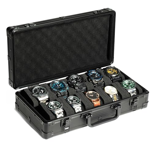AUKURA 10 slots aluminum watch case, deluxe watch storage box display organizer fit for large watch up to 55mm (black 10 slots)