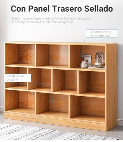 Librero de 10 Compartimentos, 3 Repisas Librero Organizador, Librería Cubby Sencilla Beige, Librería Vertical de Pie Para Exposición, Almacenaje, para Sala,Oficina,Dormitorio, 120*104*24 CM