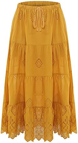 Women's Summer Solid Cotton Embroidered Tiered Flare A-line Ankle Length with Lining Maxi Skirt
