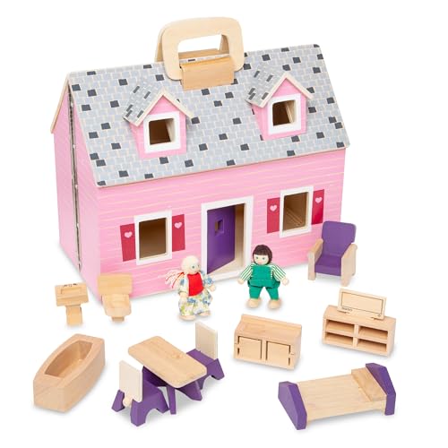 Melissa & Doug Fold and Go Wooden Dollhouse with 2 Dolls and Wooden Furniture,Multi,One Size