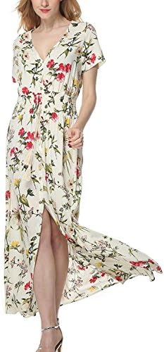 Unicorn Beast Pretty Women's Button Up Split Floral Print Long Maxi Boho Bohemian Dress YellowLarge