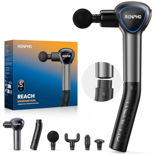 Pistola de Masaje Muscular con Mango Extensible Desmontable, Renpho Reach Pistola Masajeadora, Pistola Masaje Massage Gun Profesional with LED Screen para Muscular Relajación,Negro