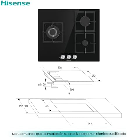 Hisense gg633b - placa a gás natural, 3 zonas, 60 cm, grelha em ferro fundido e vidro temperado preto, autoignição integrada nos comandos, segurança gasstop, fácil limpeza