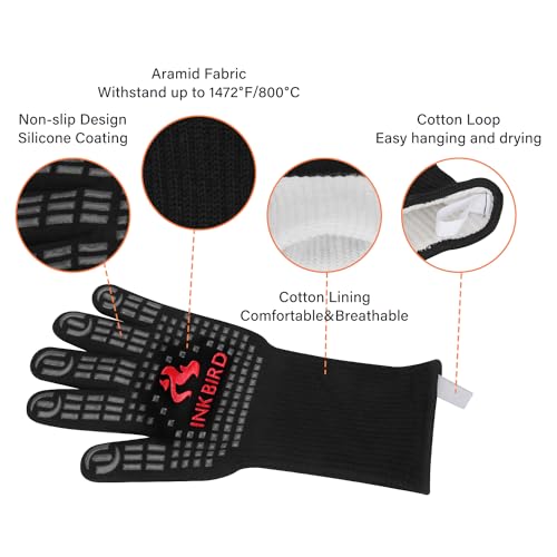 INKBIRD BBQ Gloves 800°C Extreme Heat Resistant Grill Gloves, Insulated Grilling Mitts for Kitchen Cooking, Baking, Smoking Use, Non-Slip Silicone, 14cm Long Arm Protection, Comfortable Cotton Lining