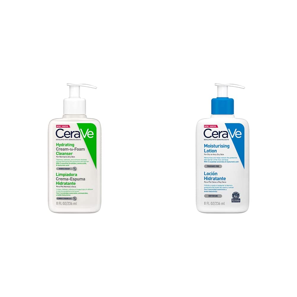 CeraVe Hydrating Cream-to-Foam Cleanser | 236ml/8oz | Removes Makeup and Cleanses with Hyaluronic Acid & Moisturising Lotion | 236ml/8oz | Daily Face & Body Moisturiser for Dry to Very Dry Skin