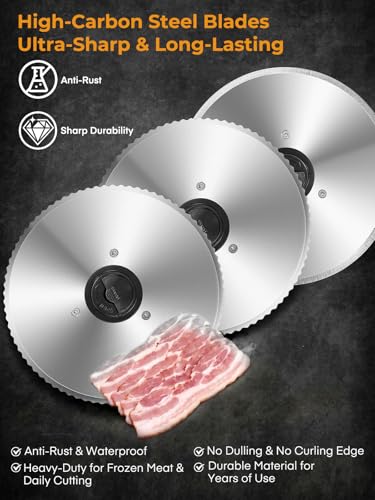 FOHERE Cortadora de Fiambre 250W, Cortadora de Carne y Pan con Cuchillas Serradas y Lisas de 19cm, Espesor Ajustable 0–15mm, Bloqueo de Seguridad, Pies Antideslizantes, Fácil de Limpiar