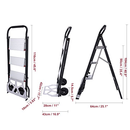 Anfan Folding 3-Step Stool Ladder and Hand Truck Portable Ladder with Hand Grip Aluminum Wide Pedal Sturdy Steel StepLadders 330lb Dolly 176lb