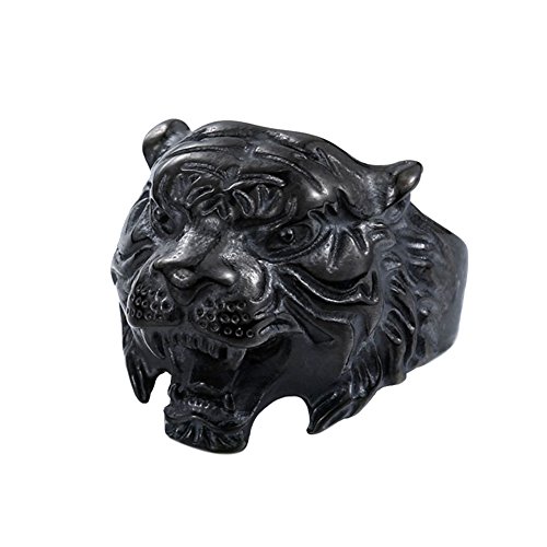 PAMTIER Men's Stainless Steel Vintage Gothic Biker Tiger Head Ring Band Animal Design Black Size 8