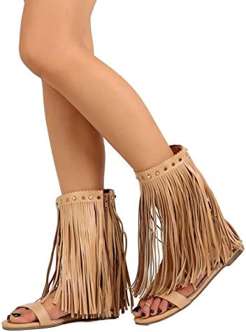 Miss L FK35 Women Leatherette Open Toe Studded Mid Calf Hanging Fringe Sandal - Beige (Size: 7.0)