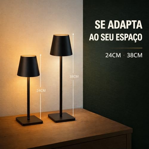 Luminária de Mesa LED Sem Fio, Recarregável via USB-C, Touch Dimerizável com 3 Tons de Luz, Portátil com Altura Ajustável (PRETO)