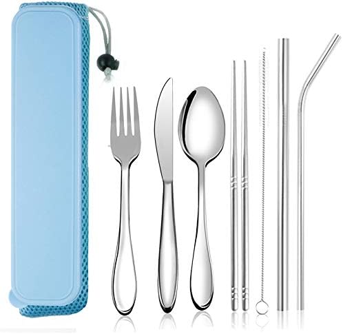 Portable Utensils, Reusable Flatware set with Case, Durable Travel Camping Cutlery Set, 8-Piece including Knife Fork Spoon Chopsticks Cleaning Brush Straws, Stainless Steel (Blue)